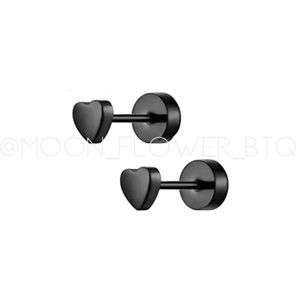 Black Heart Screw Back Stud Earrings | Flat Back Stainless Steel Hypoallergenic